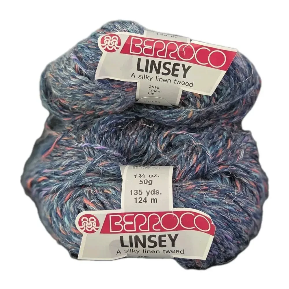 Vtg Berroco Linsey Yarn Lot 2 Silky Linen Tweed 50g 135yds Multicolor Blue Pink